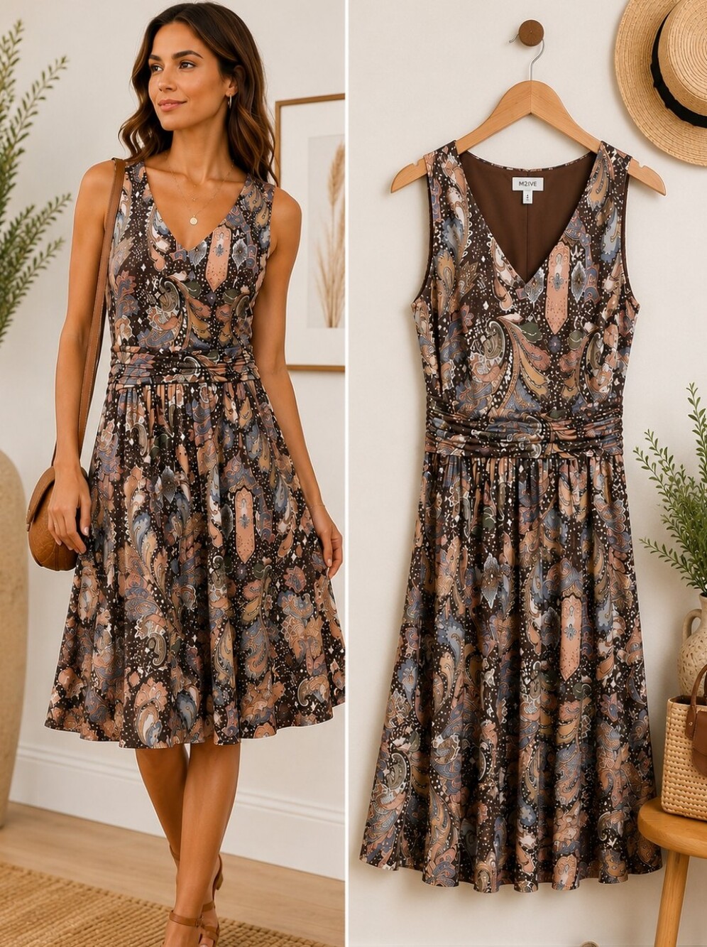 Maeve Anthropologie Paisley Dress Small Boho Stretch Ruched Waist Knee Midi